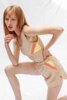 Miss Sparkling trendy retro activewear beige tank top and shorts set with colorful side stripes