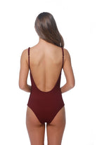 Back view of women's trendy ribbed swimsuit 2024 in burgundy with adjustable shoulder straps