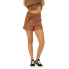 VacationGrabs trendy summer faux leather shorts in brown with a tied waist and casual fit