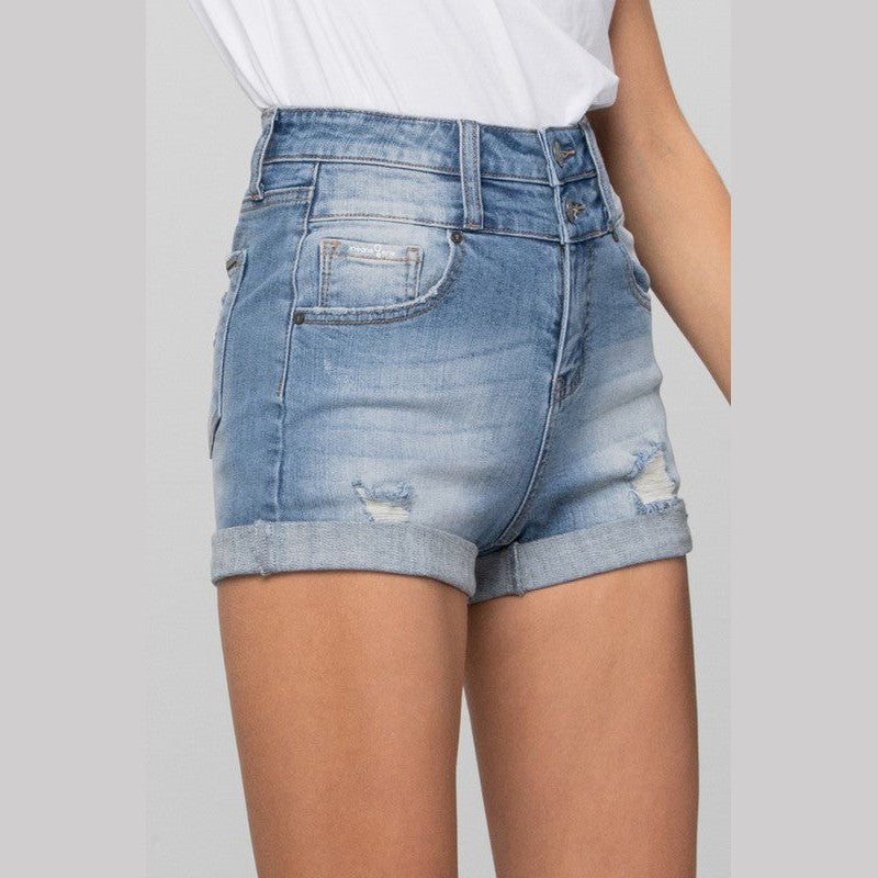 Trendy summer shorts women in light denim with high waist and rolled cuffs for a stylish look