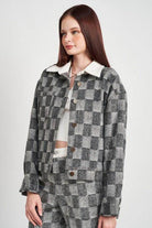 Emory Park trendy travel jacket in black and white check pattern, perfect for stylish adventures