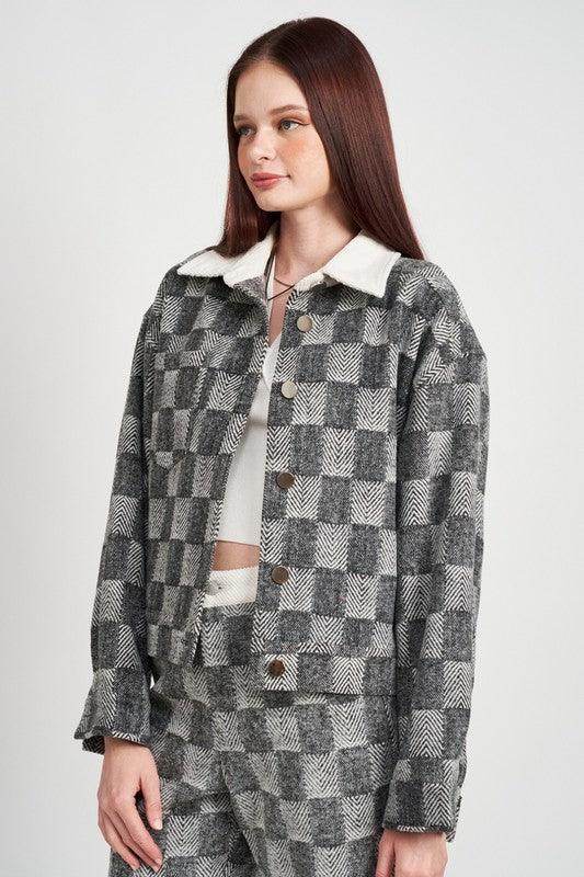 Emory Park trendy travel jacket in black and white check pattern, perfect for stylish adventures