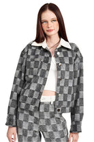 Emory Park trendy travel jacket in black and white check pattern for stylish travel outfits