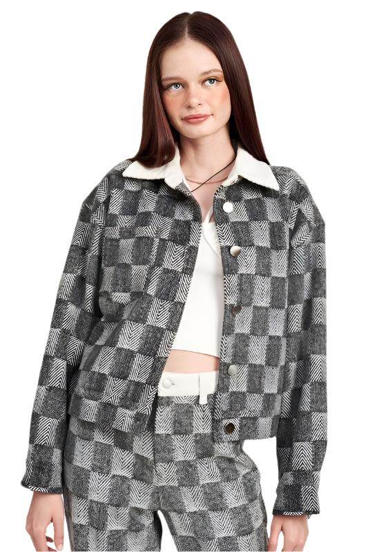 Emory Park trendy travel jacket in black and white check pattern for stylish travel outfits