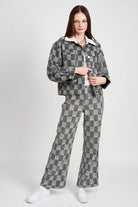 Emory Park trendy travel jacket in gray and black checkered pattern, perfect for stylish outings