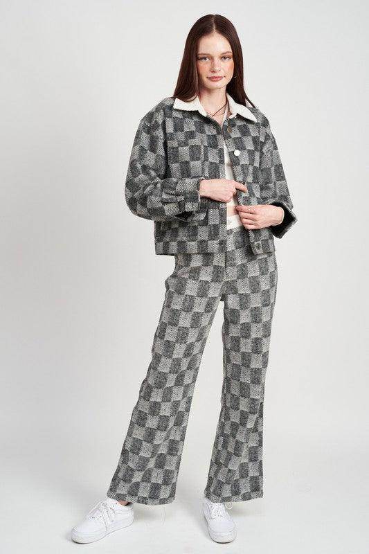 Emory Park trendy travel jacket in gray and black checkered pattern, perfect for stylish outings
