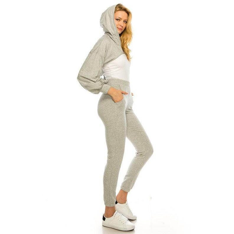 Andante USA trendy two-piece outfit featuring a hoodie and jogger pants in a soft gray color