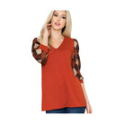 Women's trendy V neck top for vacations with stylish plaid sleeves in orange and beige
