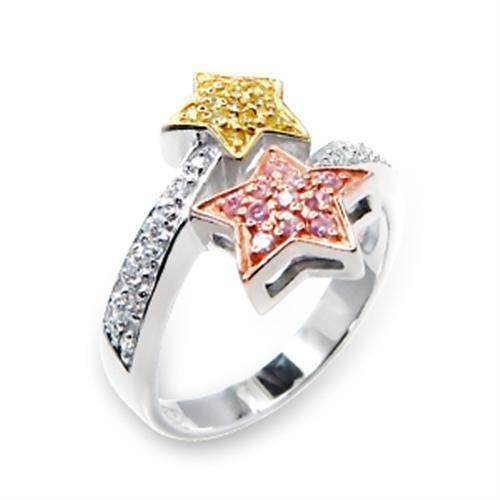 Tricolor 925 sterling silver ring featuring vibrant star-shaped designs with sparkling stones