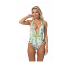 Beach Joy Bikini tropical v neck one piece swimsuit with green palm leaf print on model