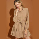 Mustard Seed twisted belt shirt dress in light brown with long sleeves and button-down front