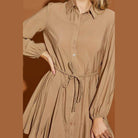 Mustard Seed twisted belt shirt dress in tan with long sleeves and a flattering fit