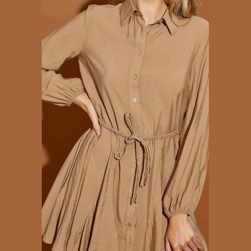 Mustard Seed twisted belt shirt dress in tan with long sleeves and a flattering fit