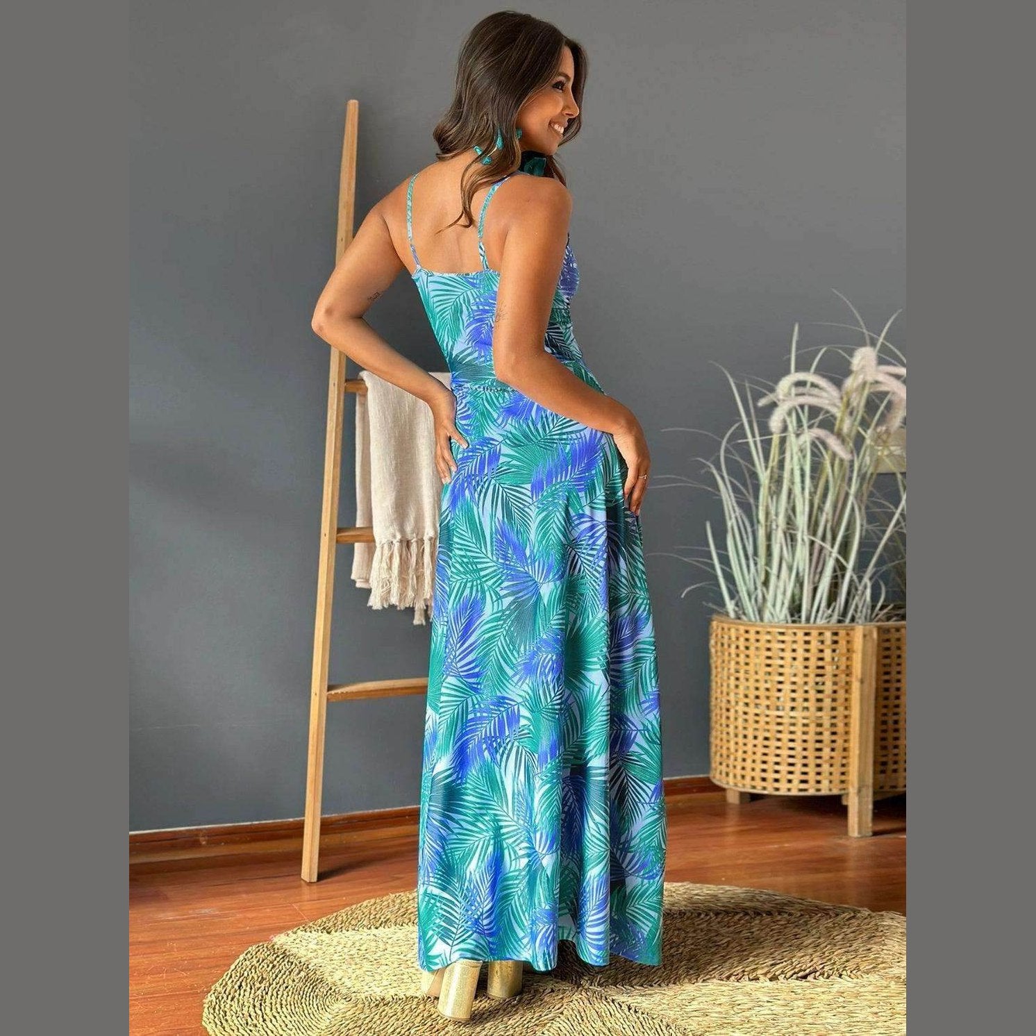 Twisted Printed V-Neck Cami Dress - VacationGrabs