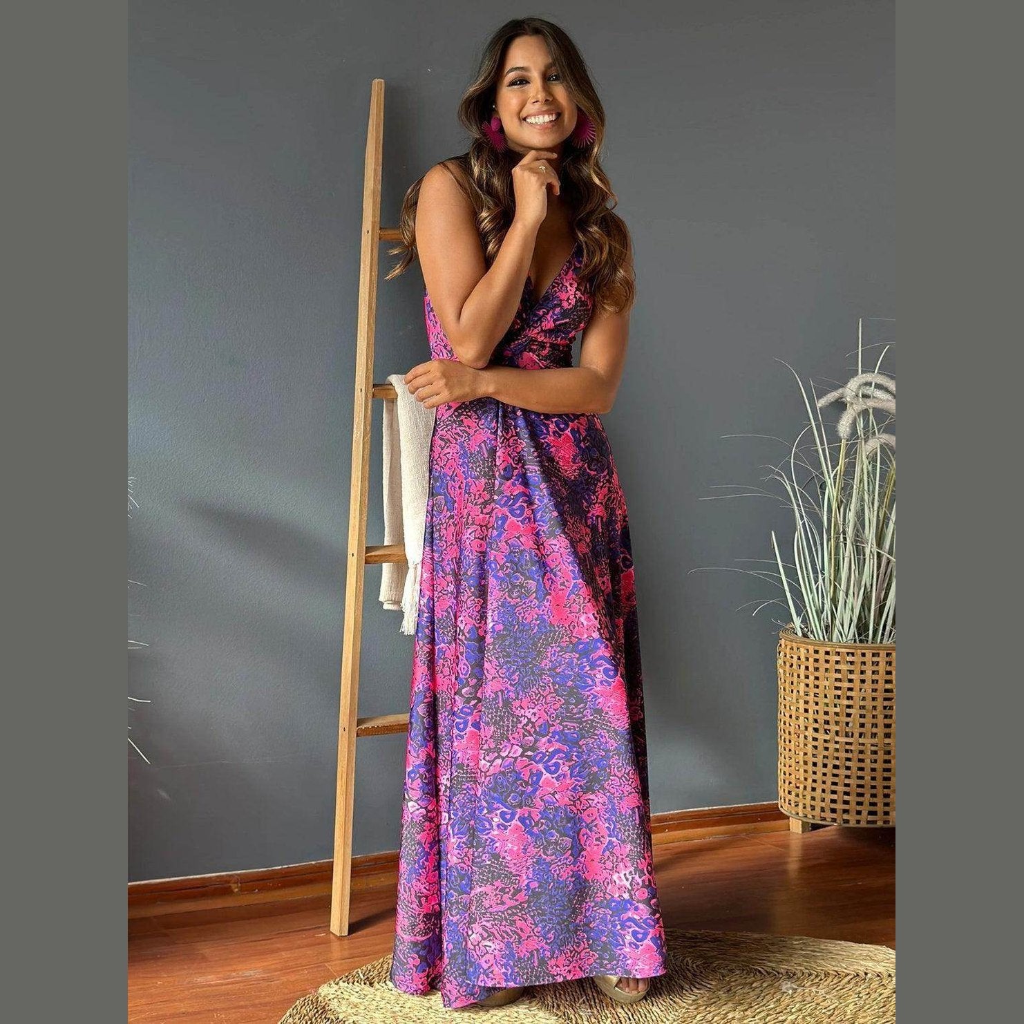 Twisted Printed V-Neck Cami Dress - VacationGrabs
