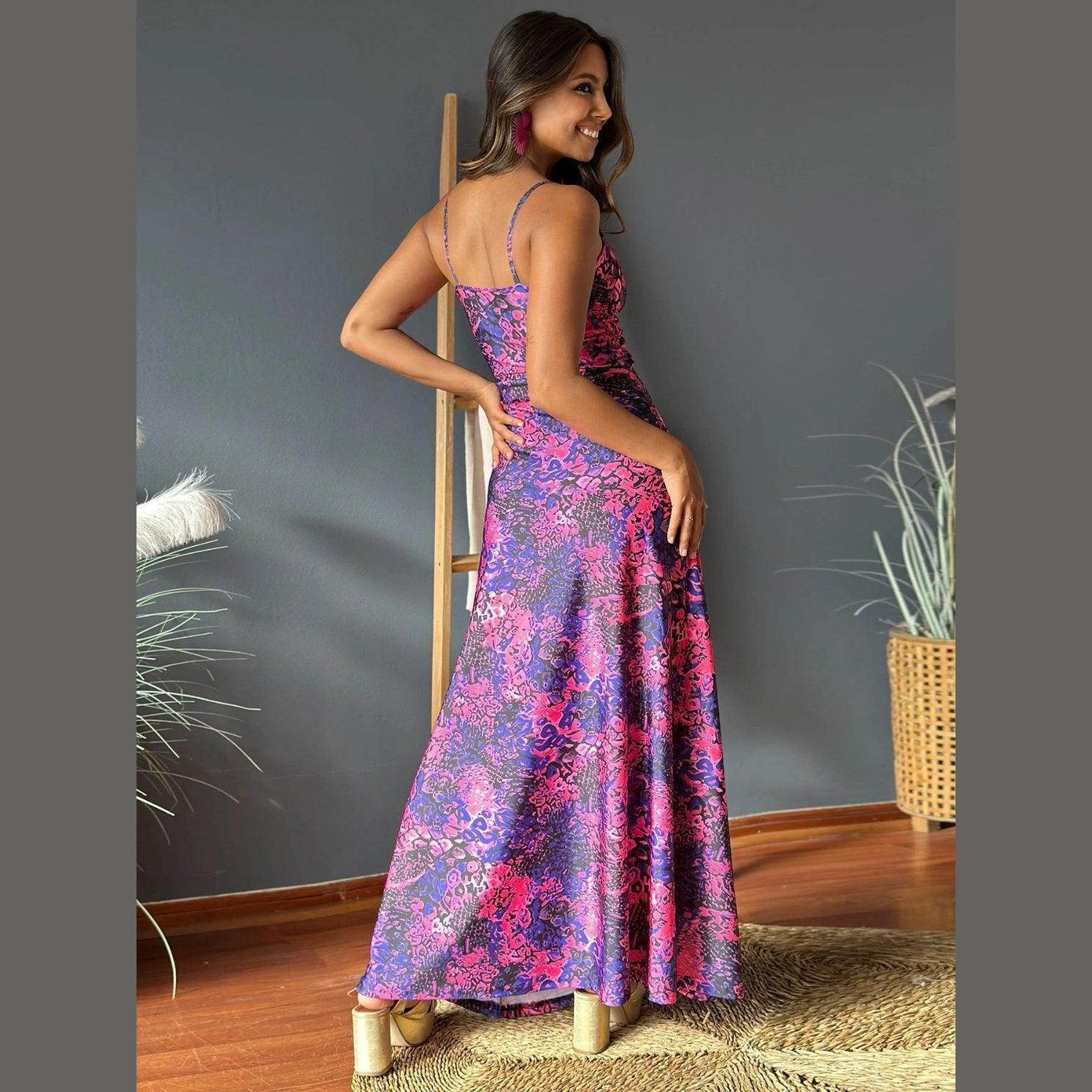 Twisted Printed V-Neck Cami Dress - VacationGrabs