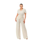VacationGrabs women's two piece lounge set for travel in cream with button-up top and wide-leg pants