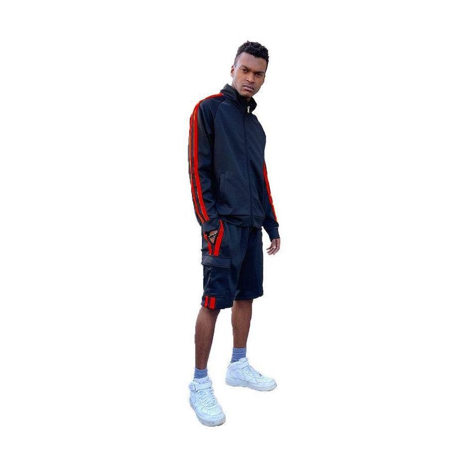 Men's WEIV two stripe track jacket shorts set in black and red for athletic wear