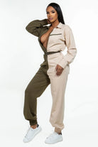 Stylish two tone casual jumpsuit from VacationGrabs with a flattering zip-up design