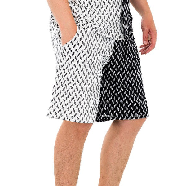 WEIV two tone summer shorts for men in black and white pattern paired with white sneakers