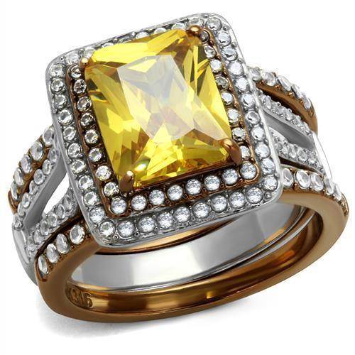 Stunning two tone womens ring featuring a large yellow gemstone surrounded by sparkling stones
