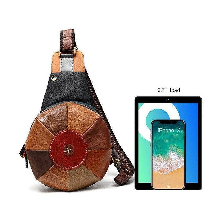 Unique leather handbag women with multicolored design, fits a 9.7-inch iPad and features a stylish crossbody strap
