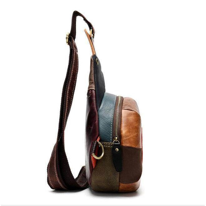 Unique leather handbag women in a colorful patchwork design with a stylish adjustable strap