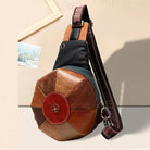 Unique leather handbag women with a stylish round design and vibrant color blocks for trendy outfits