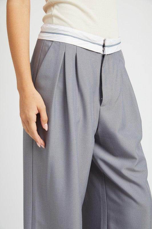 Emory Park unique waistband pants in gray with stylish pleats and a modern design