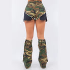 GJG Denim camo short and leg warmer set back view high waisted distressed camo shorts with matching leg warmers