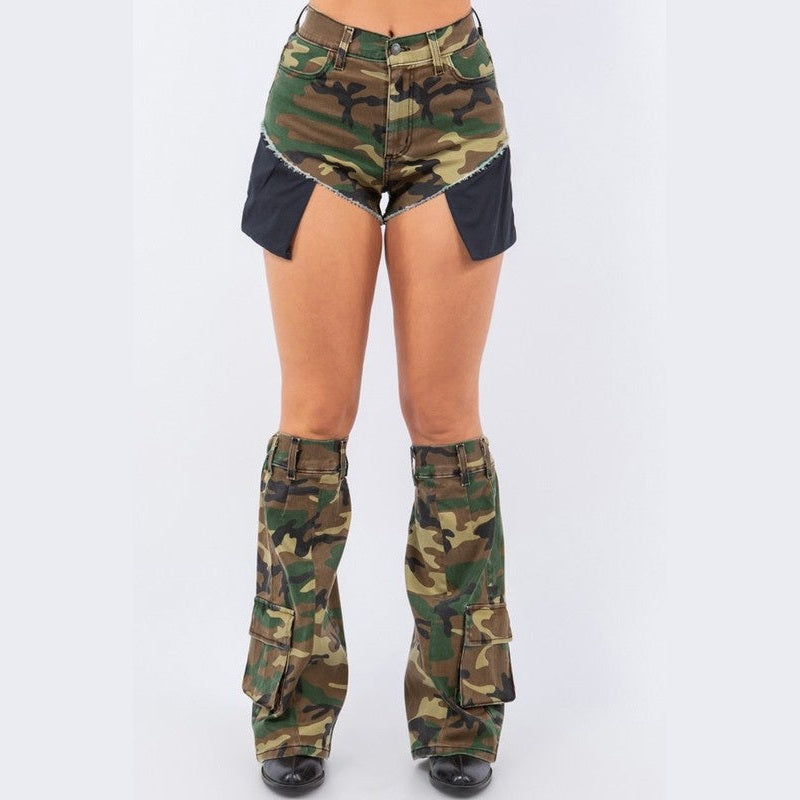 GJG Denim camo short and leg warmer set styled on model with high waist frayed shorts and cargo camouflage leg warmers