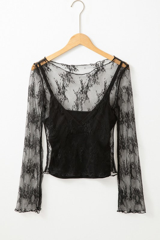 YNIQUE black lace mesh long sleeve blouse with sheer floral pattern and camisole lining on wooden hanger