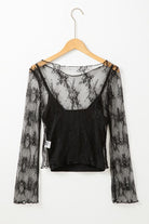 YNIQUE black lace mesh long sleeve blouse sheer floral pattern with camisole on wooden hanger