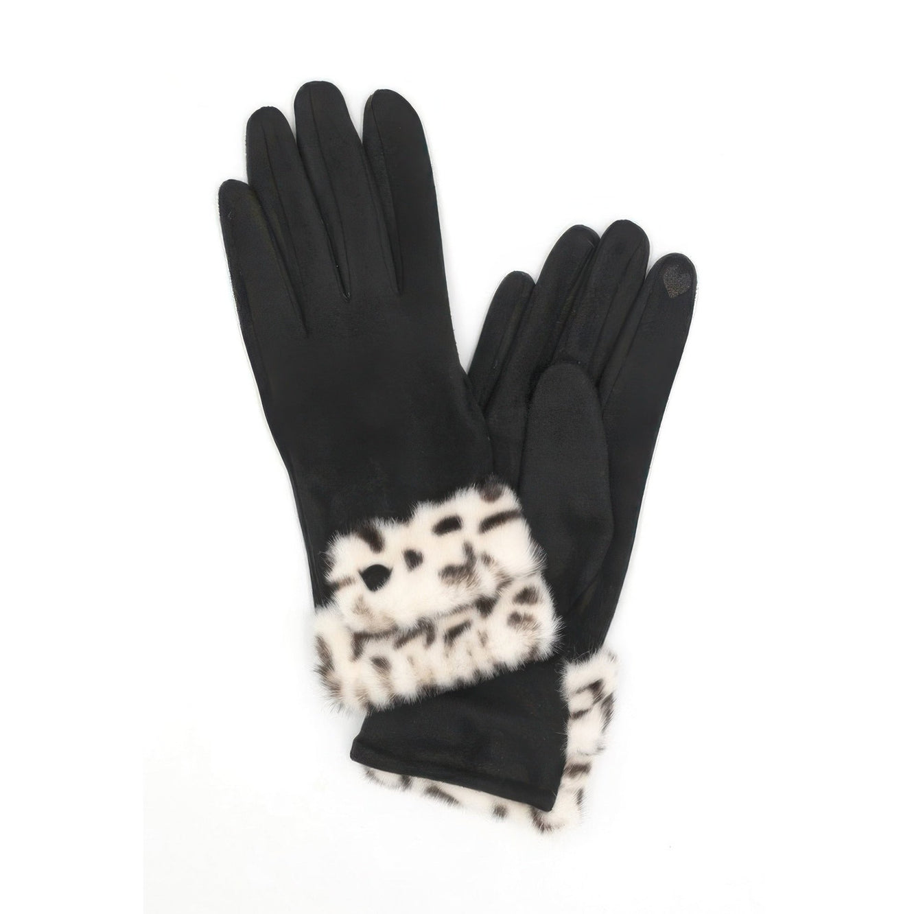 VacationGrabs women black winter gloves with leopard print faux fur cuff gloves and touchscreen fingertip