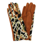 VacationGrabs womens geometric embroidered touch screen gloves with rust brown leather palms and multicolor patterned backs