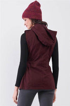 Tasha Apparel women's utility vest jacket for travel in burgundy with a hood and adjustable waist