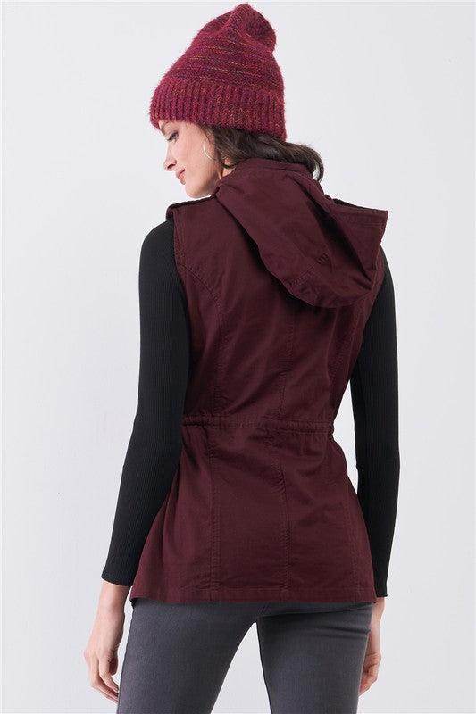 Tasha Apparel women's utility vest jacket for travel in burgundy with a hood and adjustable waist