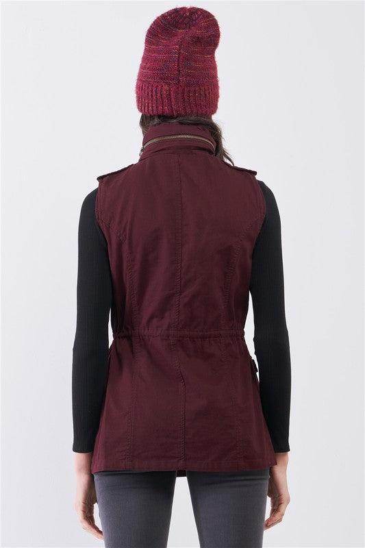 Tasha Apparel utility vest jacket for travel in burgundy with a flattering waist fit