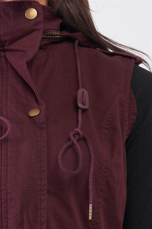Tasha Apparel Women’s Utility Vest Jacket for Travel in Burgundy with adjustable ties and button details