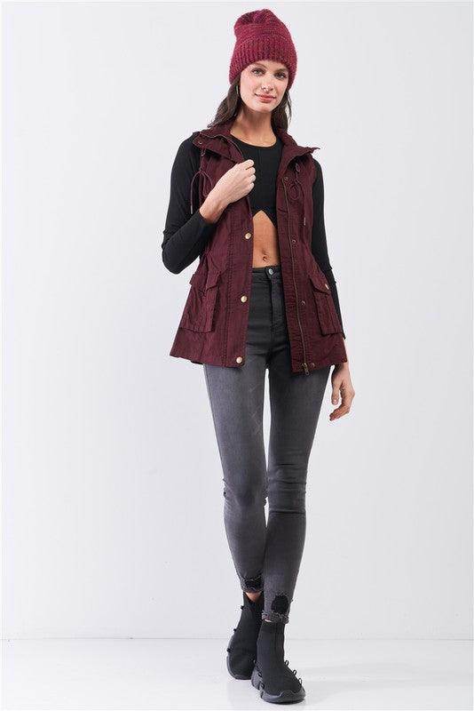 Burgundy Tasha Apparel utility vest jacket for travel with pockets and a hood, perfect for outdoor adventures