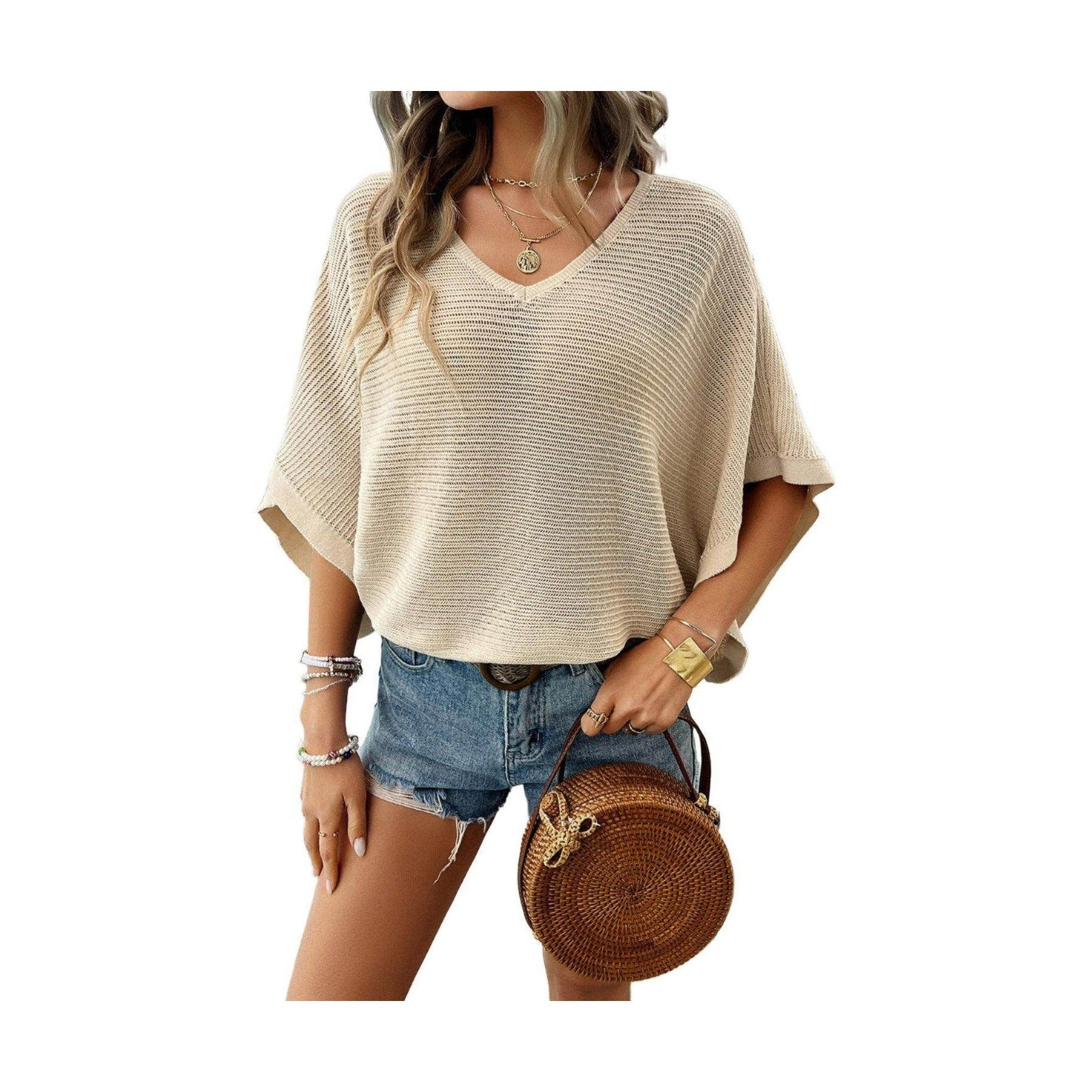 V-Neck Batwing Sleeve Knit Top - VacationGrabs