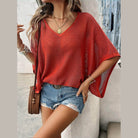 V-Neck Batwing Sleeve Knit Top - VacationGrabs