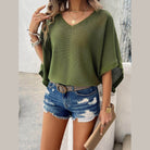 V-Neck Batwing Sleeve Knit Top - VacationGrabs
