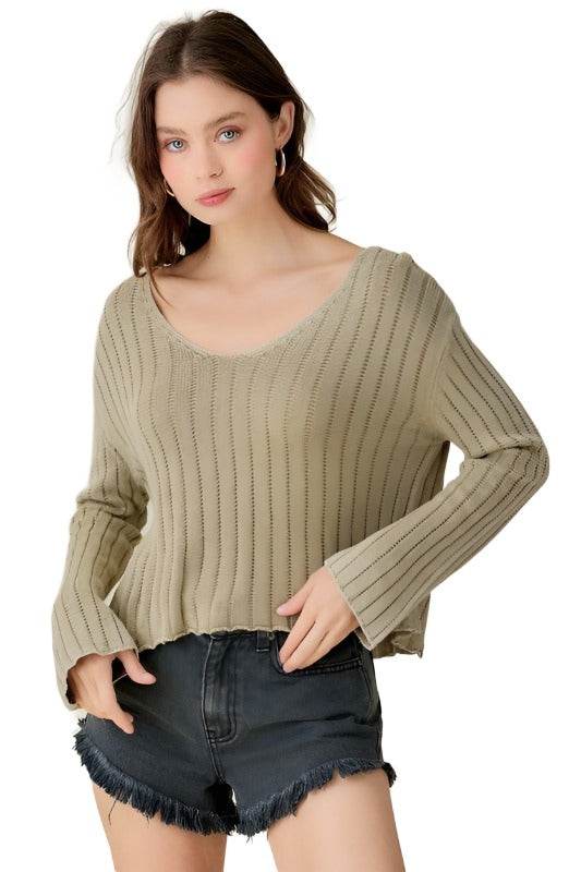 V-Neck Washed Crop Sweater - VacationGrabs