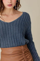 V-Neck Washed Crop Sweater - VacationGrabs