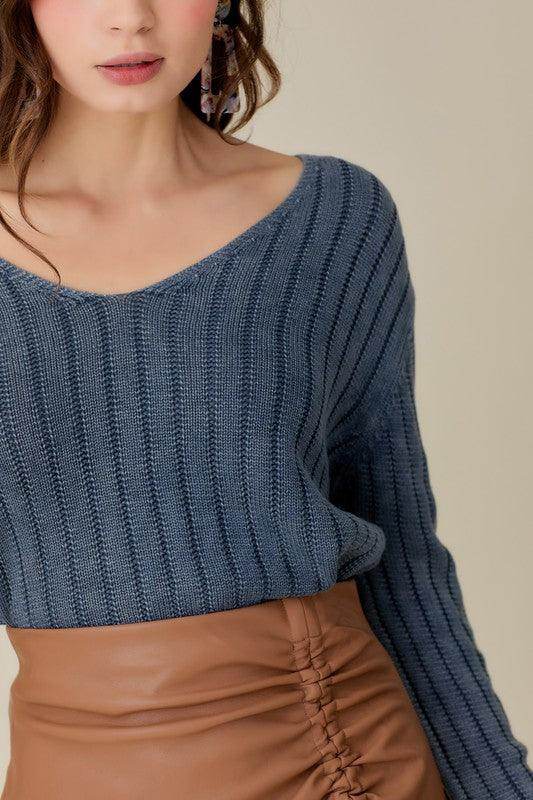 V-Neck Washed Crop Sweater - VacationGrabs