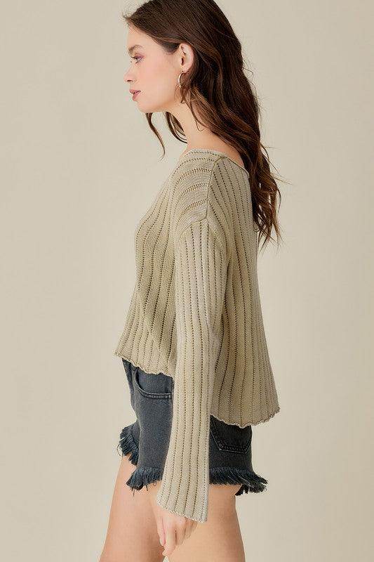 V-Neck Washed Crop Sweater - VacationGrabs
