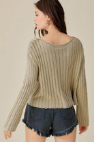 V-Neck Washed Crop Sweater - VacationGrabs