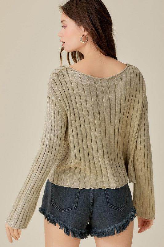 V-Neck Washed Crop Sweater - VacationGrabs