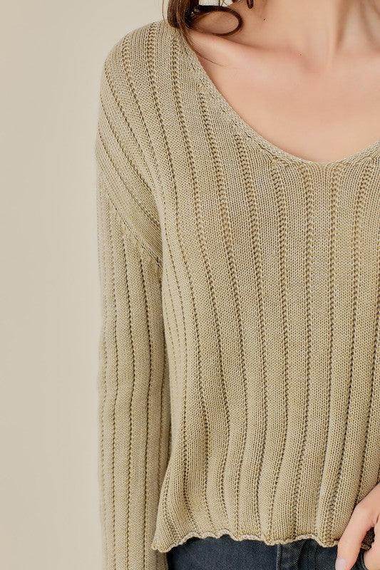 V-Neck Washed Crop Sweater - VacationGrabs